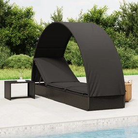 vidaXL Espreguiçadeira com teto redondo 211x57x140 cm vime PE preto