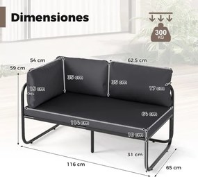Sofá de jardim exterior 116 x 65 x 59 cm de 2 lugares com almofadas removíveis, apoios de braços laterais e estrutura em metal 116 x 65 x 59 cm cinzen