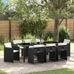 vidaXL Conjunto de Jantar de Jardim 9 Peças com Almofadas em Rattan Poliéster Preto