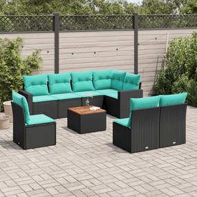 vidaXL 9 pcs conjunto de sofás p/ jardim c/ almofadões vime PE preto