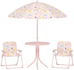 AIYAPLAY Conjunto de Mesa e Cadeiras para Crianças de Jardim com Cadeiras Dobráveis Chapéu de Sol Ajustável e Desenho de Raposas Rosa