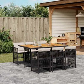 vidaXL 7 pcs conjunto de jantar p/ jardim c/ almofadões vime PE preto