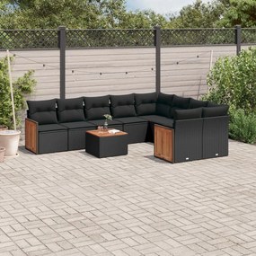 10 pcs conjunto sofás de jardim c/ almofadões vime PE preto