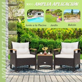 Conjunto jardim de 3 peças de mobiliário de jardim com mesa de centro Almofada amovível Apoio de braços em madeira de acácia para pátio Piscina Castan