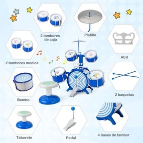 Conjunto de bateria infantil com 5 tambores jazz rock com bombo, 1 prato, 2 baquetas e 1 pedal para maiores de 3 anos. Azul