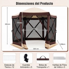 Tenda de Jardim Hexagonal Dobrável, 300 x 258 x 230 cm, Montagem Rápida, Castanho