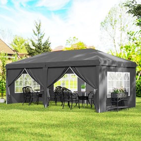 Tenda de jardim 3x6 m tipo Barnum dobrável com laterais removíveis, estrutura de aço reforçada e saco de transporte, cinzento escuro