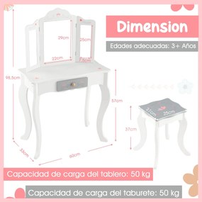 Conjunto de Toucador para Crianças 2 em 1 Mesa de Maquilhagem com Banco e Espelho Triplo Extraível para Rapazes Raparigas 3+ Anos 60 x 33 x 98,5 cm Br