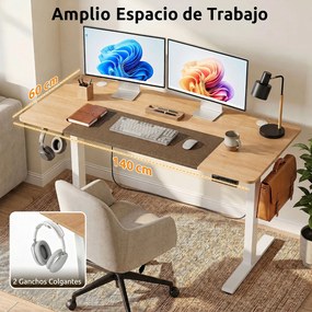 Secretária Elétrica para Escritório, 140 x 60 x 72-118 cm, Regulável com 3 Memórias, Natural + Branco