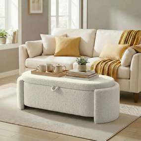 Banco de arrumação, pufe oval de polar Teddy com assento largo, 129 x 48,5 x 44 cm, creme