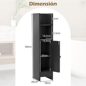 Conjunto de 2 armários de casa de banho 20 cm x 18 cm x 80 cm com porta e estantes ajustáveis, suporte para papel higiénico e organizador para casa de