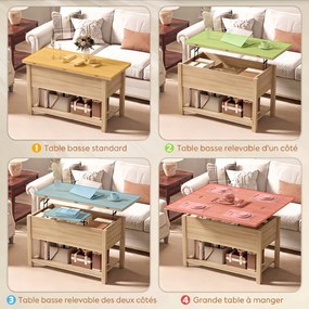 Mesa de centro elevável e extensível, com compartimento oculto e prateleira aberta, 100 x 45 x 50,5 cm, em cor madeira natural