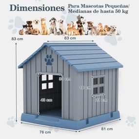 Casota de plástico  para cães 76 x 83 x 83 cm impermeável e isolada com ventilação, piso elevado para interior e exterior, azul + cinza