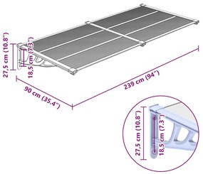 Toldo para porta 239x90 cm policarbonato cinzento/transparente