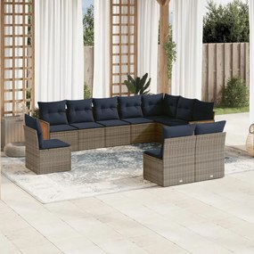 vidaXL 10 pcs conjunto sofás p/ jardim c/ almofadões vime PE cinzento