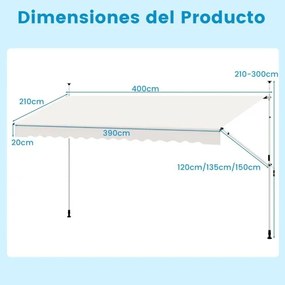 Toldo retrátil manual 4 m x 3 m Toldo exterior com altura ajustável Manivela e sem perfuração para janela Porta Terraço Branco