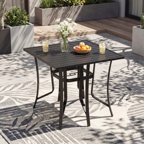 Mesa quadrada de jardim para 4 pessoas com orifício para guarda-sol 91 x 91 x 73 cm, estrutura ajustável em metal, tampo em ripas, ideal para varandas