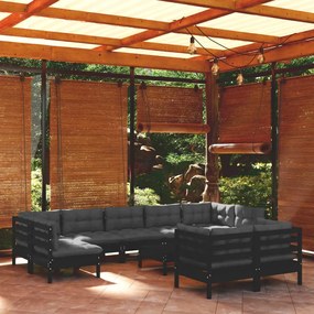 vidaXL 10 pcs conjunto lounge jardim c/ almofadões pinho maciço preto