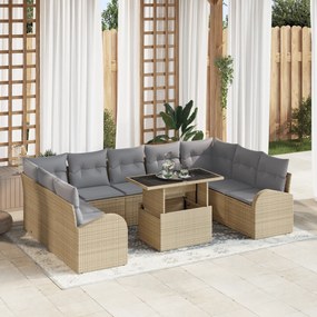 Conjunto de Sofás de Jardim de 10 Peças com Almofadas Bege de Rattan P