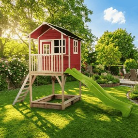 Casa de brincar infantil exterior para crianças Loft 700 em madeira com escorrega e caixa areia - Vermelha