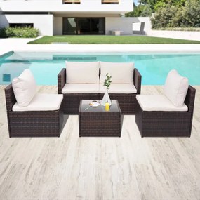 vidaXL 5 pcs conjunto lounge jardim c/ almofadões vime PE castanho