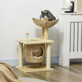 Arranhador  para gatos com arranhador de sisal natural, 1 nicho, cesto com pompons e pelúcia 45 x 40 x 74 cm, bege