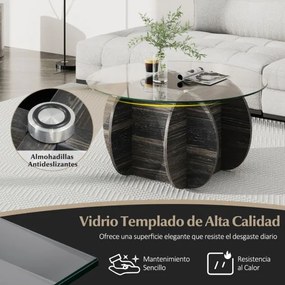 Mesa de Centro Redonda 89 x 89 x 46 cm Moderna com Tampo de Vidro Temperado e Base de Madeira Maciça Cor Carvalho Rústico Escuro