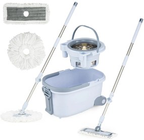 Conjunto de esfregona e balde para lavagem sem mãos com design de tanque duplo 1 esfregona retangular e 1 redonda com 2 almofadas de microfibra azuis