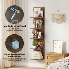 Estante de parede com 5 prateleiras flutuante vertical 30 x 21,5 x 129 cm para quarto, sala de estar, casa de banho, Castanho rústico
