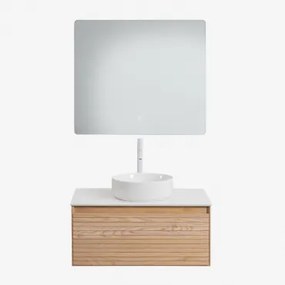 Conjunto De Móvel De Casa De Banho Suspenso Em Madeira De Freixo Tedrik Castanho Fresno & Cerâmica Redonda Branca Ø40 Cm Lenka & - Sklum
