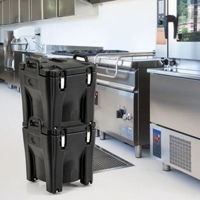 Aquecedor de comida portátil empilhável de 30 L com barril de aço inoxidável 2 pegas 4 rodas Aquecedor de sopa para campismo Preto