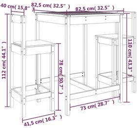 3 pcs conjunto de bar para jardim madeira de pinho maciça