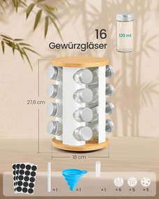 Estante giratória para especiarias,16 frascos 18 cm de diâmetro, 27,6 cm de altura branco e bege natural