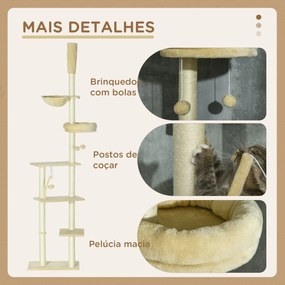 Arranhador para Gatos do Solo ao Teto de 230-250 cm  com Altura Ajustável Múltiplas Plataformas Rede Bolas Suspensas Bege