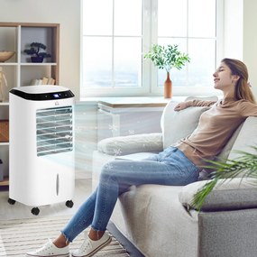 HOMCOM Climatizador Refrigerador de Ar Portátil 10L Humidificador Ventoinha 60W Ecrã LED Controlo Remoto Temporizador 3 Velocidades 3 Modos 38,2x31,6x76 cm Branco