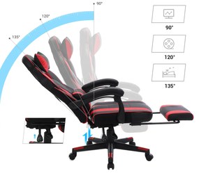 Cadeira Gaming com encosto reclinável e almofada para o apoio de cabeça Preto + vermelho