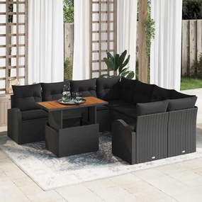 vidaXL Conjunto de Jantar de 9 Peças com Almofadas Preto Rattan Poliéster Acácia