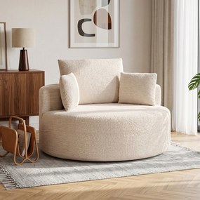 Pufe-poltrona 130 x 130 x 82 cm redondo em chenille, assento amplo, 2 almofadas, 1 encosto, 1 almofada cilíndrica, capacidade de carga de 250 kg, crem