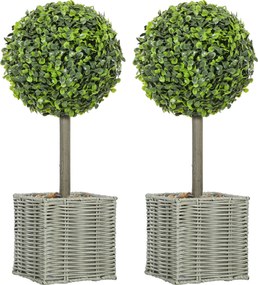 Conjunto de 2 plantas artificiais decorativas, bolas de buxo artificial de 50 cm com vaso de plástico trançado e seixos, verde