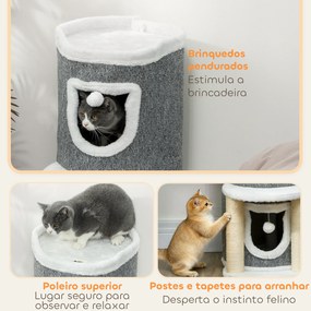 Arranhador para Gatos com Cama 2 Cavernas Postes de Sisal Tapete de Arranhar e Bolas para Brincar 50x36x76 cm Cinzento