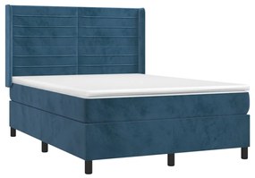 Cama box spring c/ colchão/LED 140x190 cm veludo azul-escuro