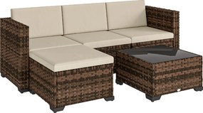 Outsunny Conjunto de Jardim em Vime de 5 Peças Inclui Almofadas 2 Poltronas de Canto Poltrona sem Braços Apoia-Pés e Mesa de Centro Cáqui | Aosom Portugal