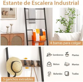 Toalheiro forma Escadas para toalhas de 5 degraus 5 ganchos casa de banho 60 x 3,2 x 180 cm Castanho rústico + preto