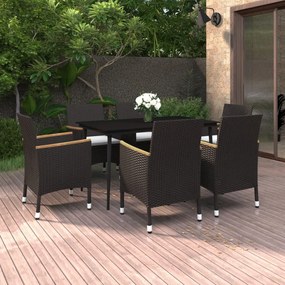 vidaXL 7 pcs conjunto de jantar p/ jardim c/ almofadões vime PE/vidro