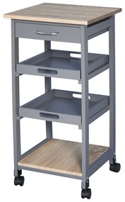 HOMCOM Carrinho de Cozinha com Gaveta 2 Bandejas Removíveis e Prateleira Fixa em Madeira de Pinho e MDF 37x37x76 cm | Aosom Portugal