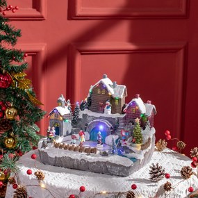 HOMCOM Aldeia de Natal Cena Decorativa de Natal Iluminada com Luzes LED Árvore Giratória e Pista de Patinagem Decoração de Natal de Mesa 32x25,5x24cm Multicor
