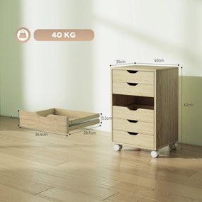 Bloco de Gavetas Móvel Arquivador com 6 Gavetas Suporte para Impressora com Rodas 40x35x63 cm Madeira
