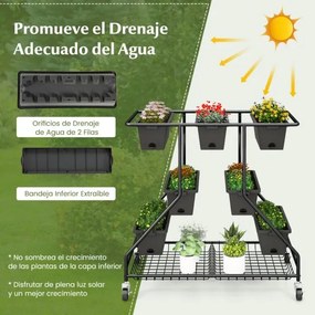 Floreira elevada com rodas 7 caixas de plantação Cestos de arrumação 100 x 56 x 99 cm Preto