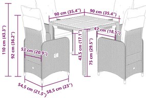 5 pcs conjunto bistrô de jardim c/ almofadões vime PE preto