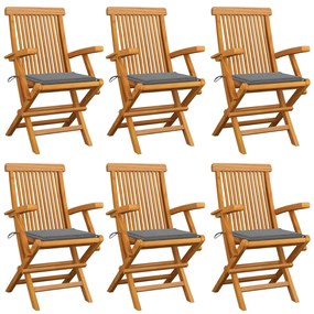 vidaXL Cadeiras de jardim c/ almofadões cinzentos 6 pcs teca maciça